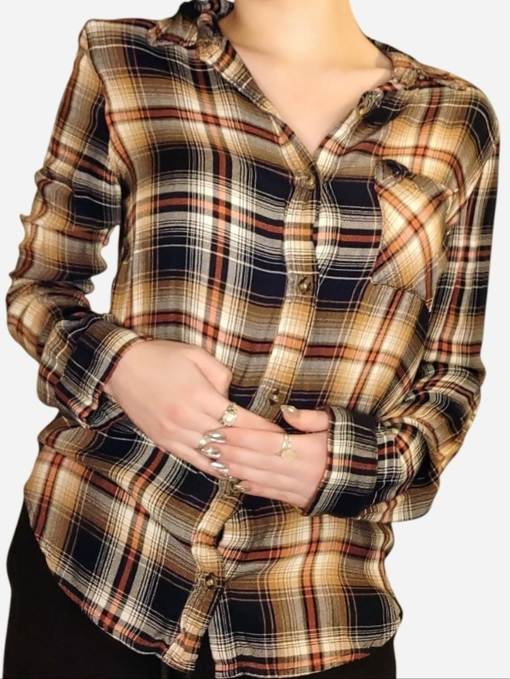 Abercrombie & Fitch Plaid Button-Down Shirt in Navy, Cream and Brown